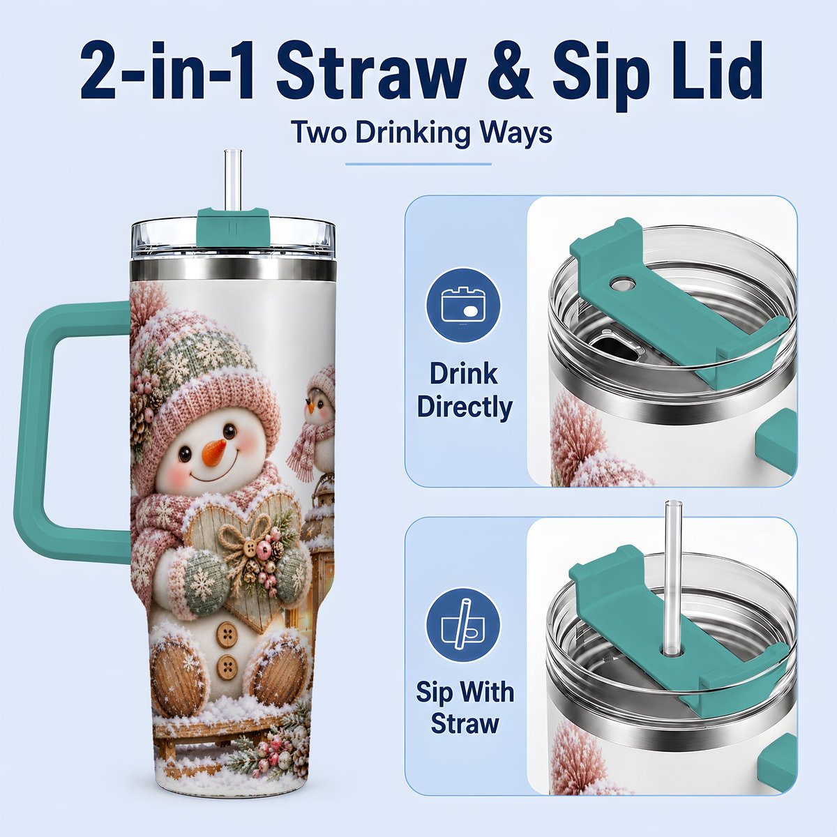 #pl[40oz|Green] Pink Christmas Snowman with Heart Tumbler 40oz, Knit-Look Art