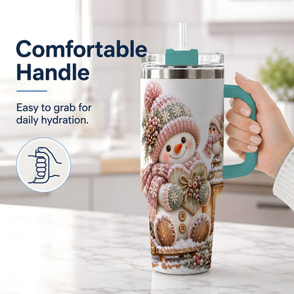 #pl[40oz|Green] Pink Christmas Snowman with Heart Tumbler 40oz, Knit-Look Art