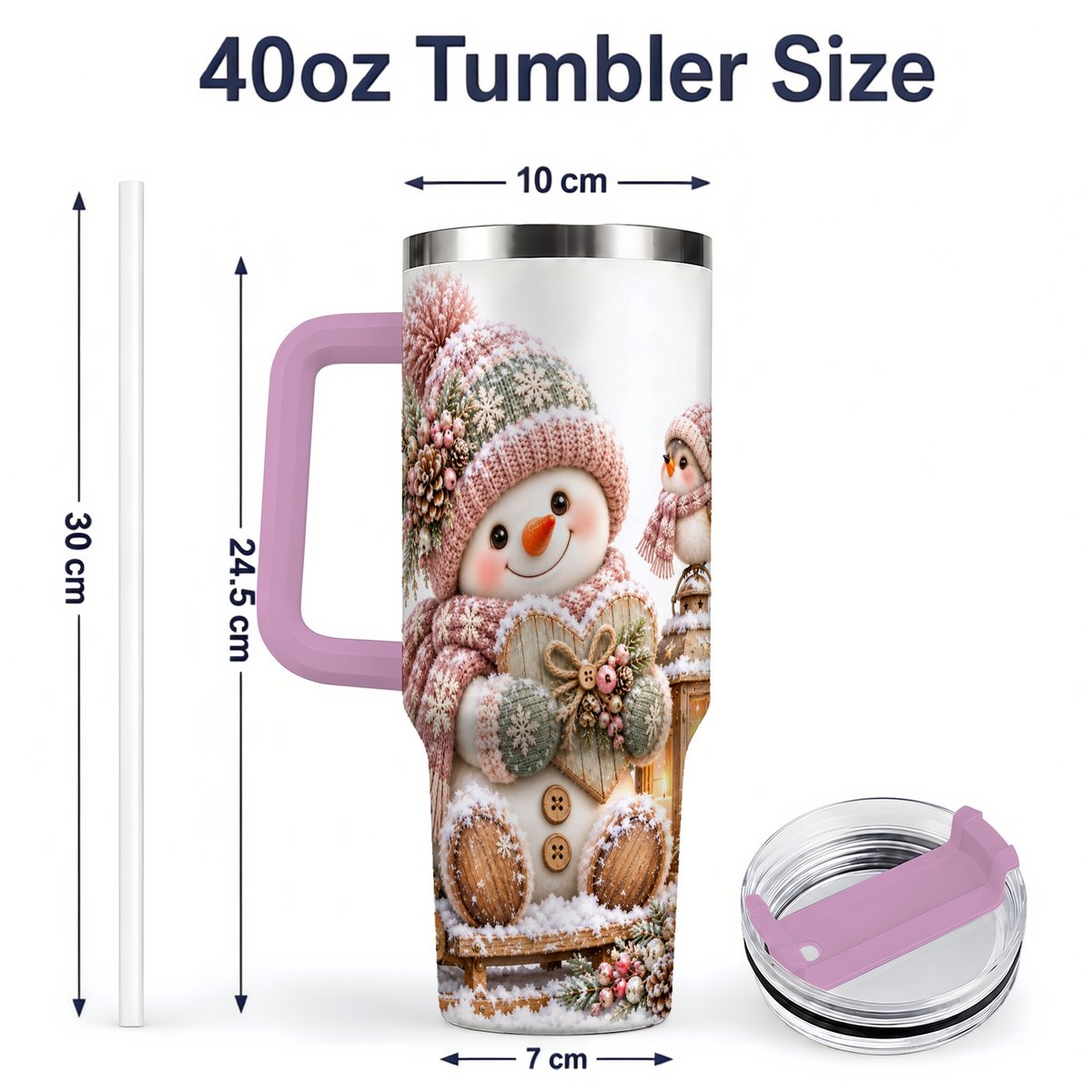 #pl[40oz|Pink] Pink Christmas Snowman with Heart Tumbler 40oz, Knit-Look Art