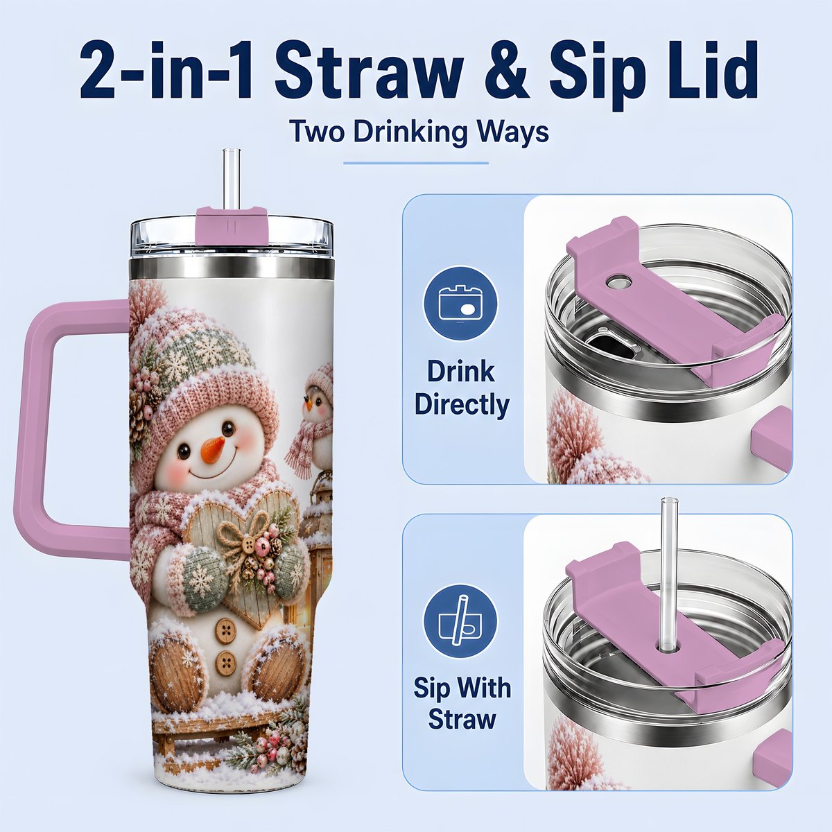 #pl[40oz|Pink] Pink Christmas Snowman with Heart Tumbler 40oz, Knit-Look Art