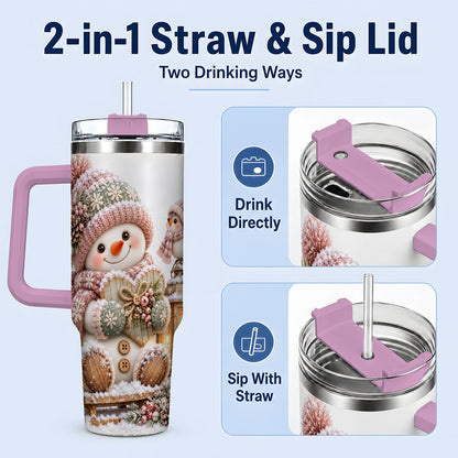 #pl[40oz|Pink] Pink Christmas Snowman with Heart Tumbler 40oz, Knit-Look Art