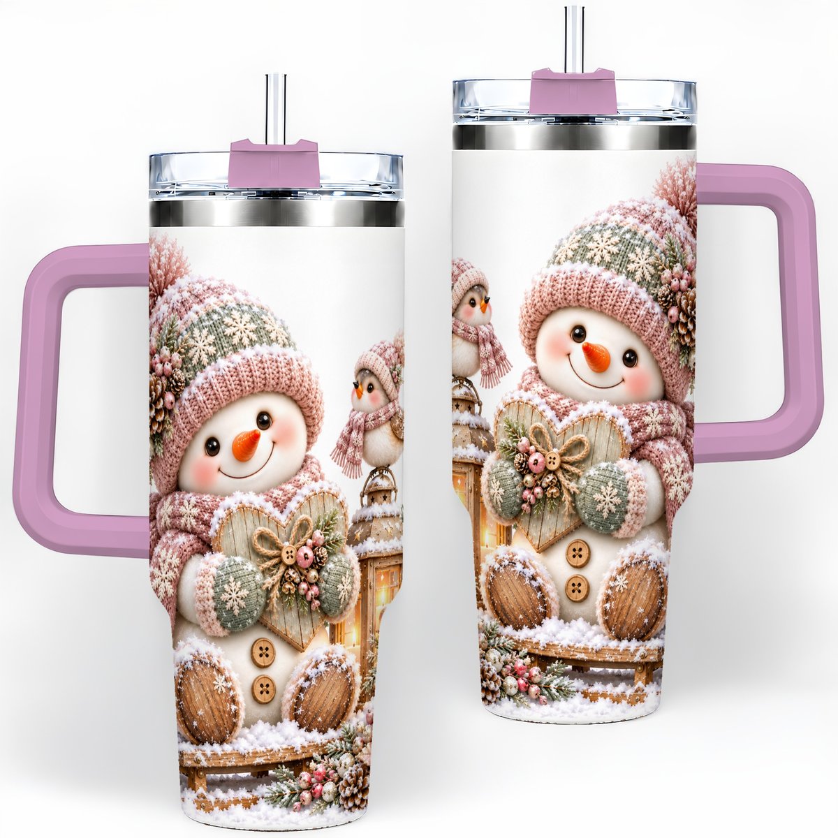 #pl[40oz|Pink] Pink Christmas Snowman with Heart Tumbler 40oz, Knit-Look Art