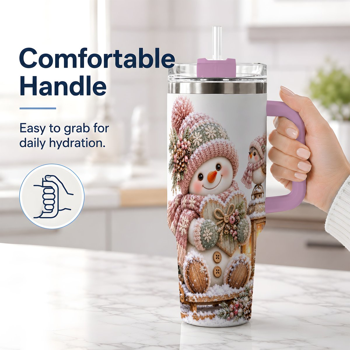#pl[40oz|Pink] Pink Christmas Snowman with Heart Tumbler 40oz, Knit-Look Art