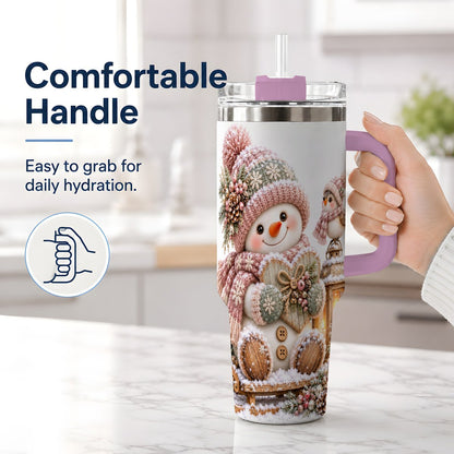 #pl[40oz|Pink] Pink Christmas Snowman with Heart Tumbler 40oz, Knit-Look Art