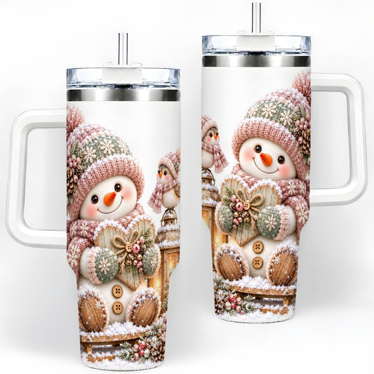 Pink Christmas Snowman with Heart Tumbler 40oz, Knit-Look Art