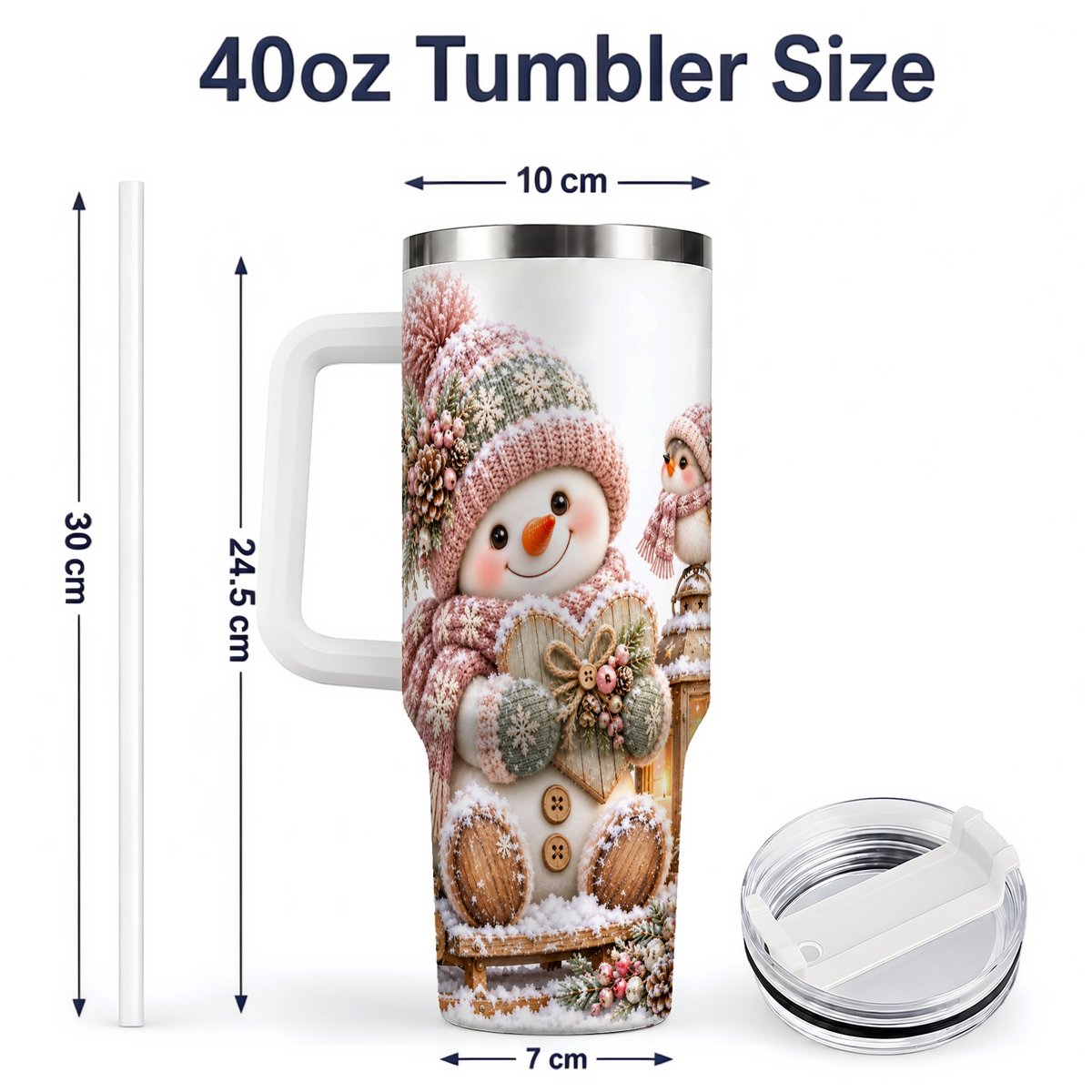 #pl[40oz|White] Pink Christmas Snowman with Heart Tumbler 40oz, Knit-Look Art
