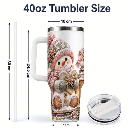 #pl[40oz|White] Pink Christmas Snowman with Heart Tumbler 40oz, Knit-Look Art