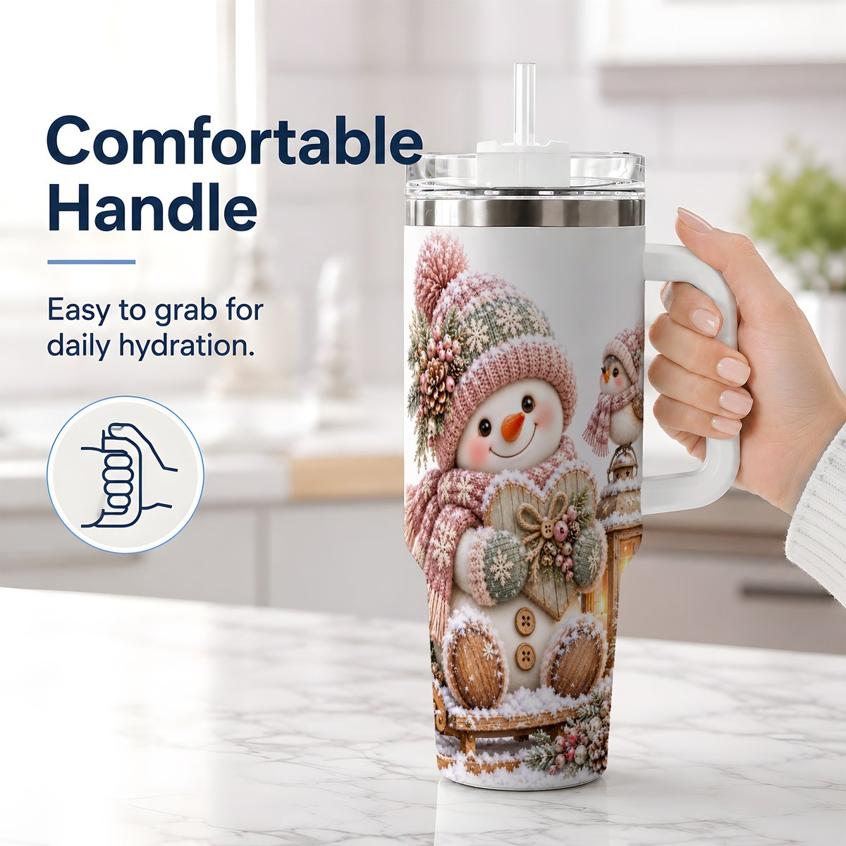 #pl[40oz|White] Pink Christmas Snowman with Heart Tumbler 40oz, Knit-Look Art