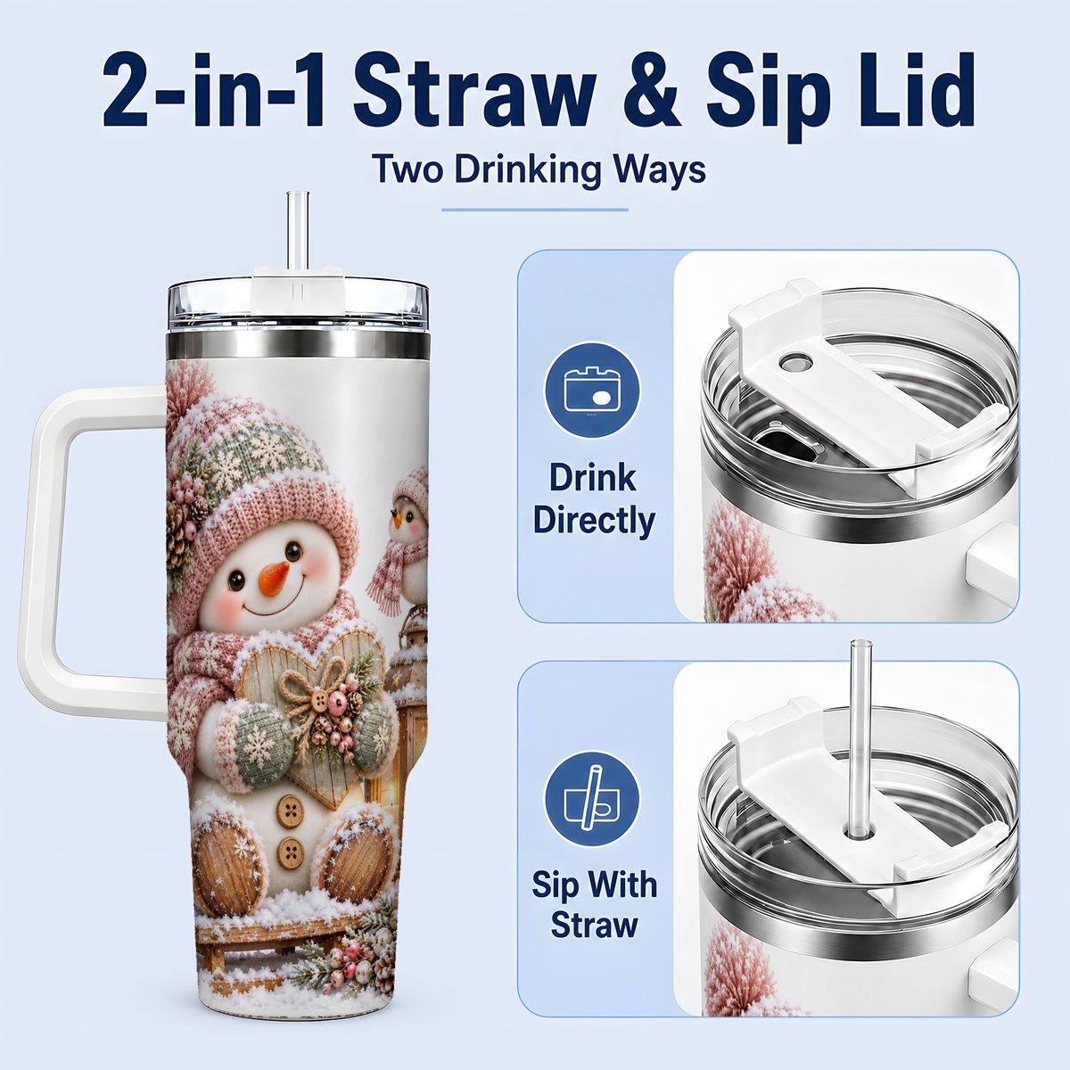 #pl[40oz|White] Pink Christmas Snowman with Heart Tumbler 40oz, Knit-Look Art
