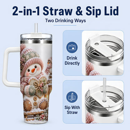 #pl[40oz|White] Pink Christmas Snowman with Heart Tumbler 40oz, Knit-Look Art