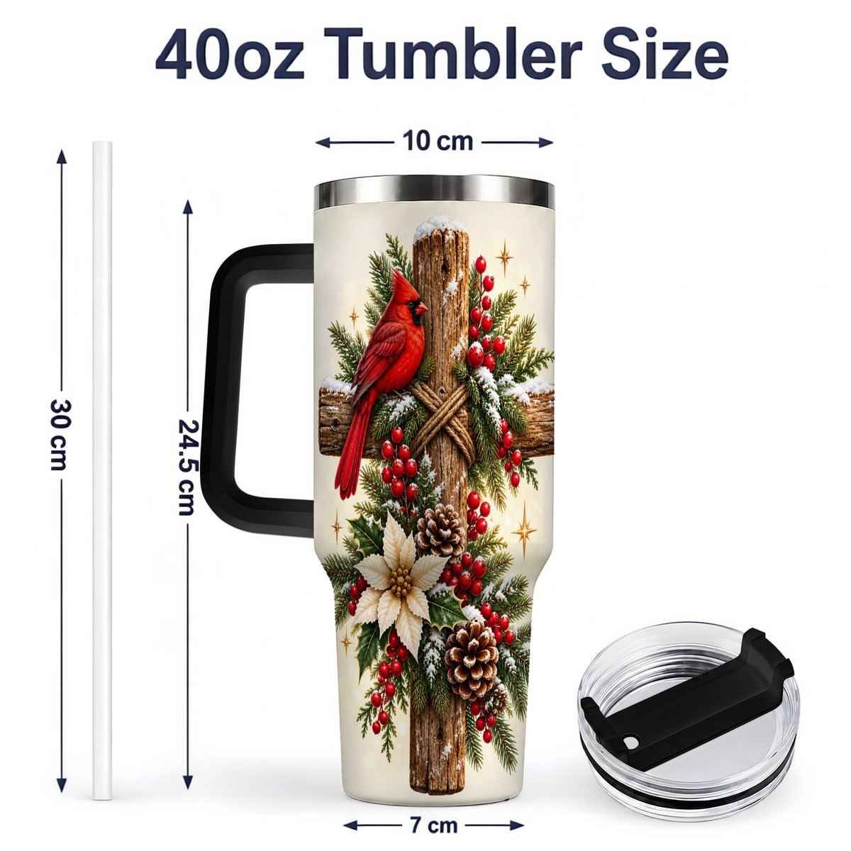 #pl[40oz|Black] Christmas Cardinal Cross Tumbler 40oz, Rustic Winter Artwork