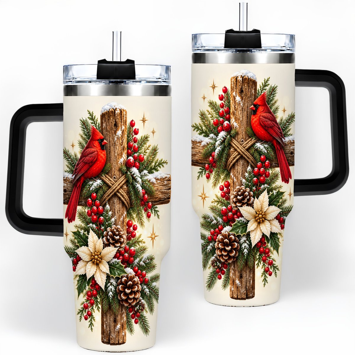 #pl[40oz|Black] Christmas Cardinal Cross Tumbler 40oz, Rustic Winter Artwork