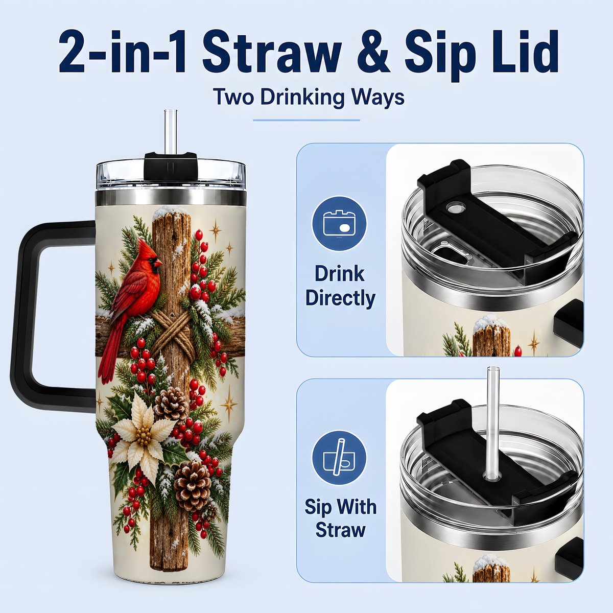 #pl[40oz|Black] Christmas Cardinal Cross Tumbler 40oz, Rustic Winter Artwork