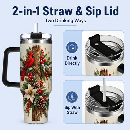 #pl[40oz|Black] Christmas Cardinal Cross Tumbler 40oz, Rustic Winter Artwork