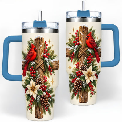#pl[40oz|Blue] Christmas Cardinal Cross Tumbler 40oz, Rustic Winter Artwork
