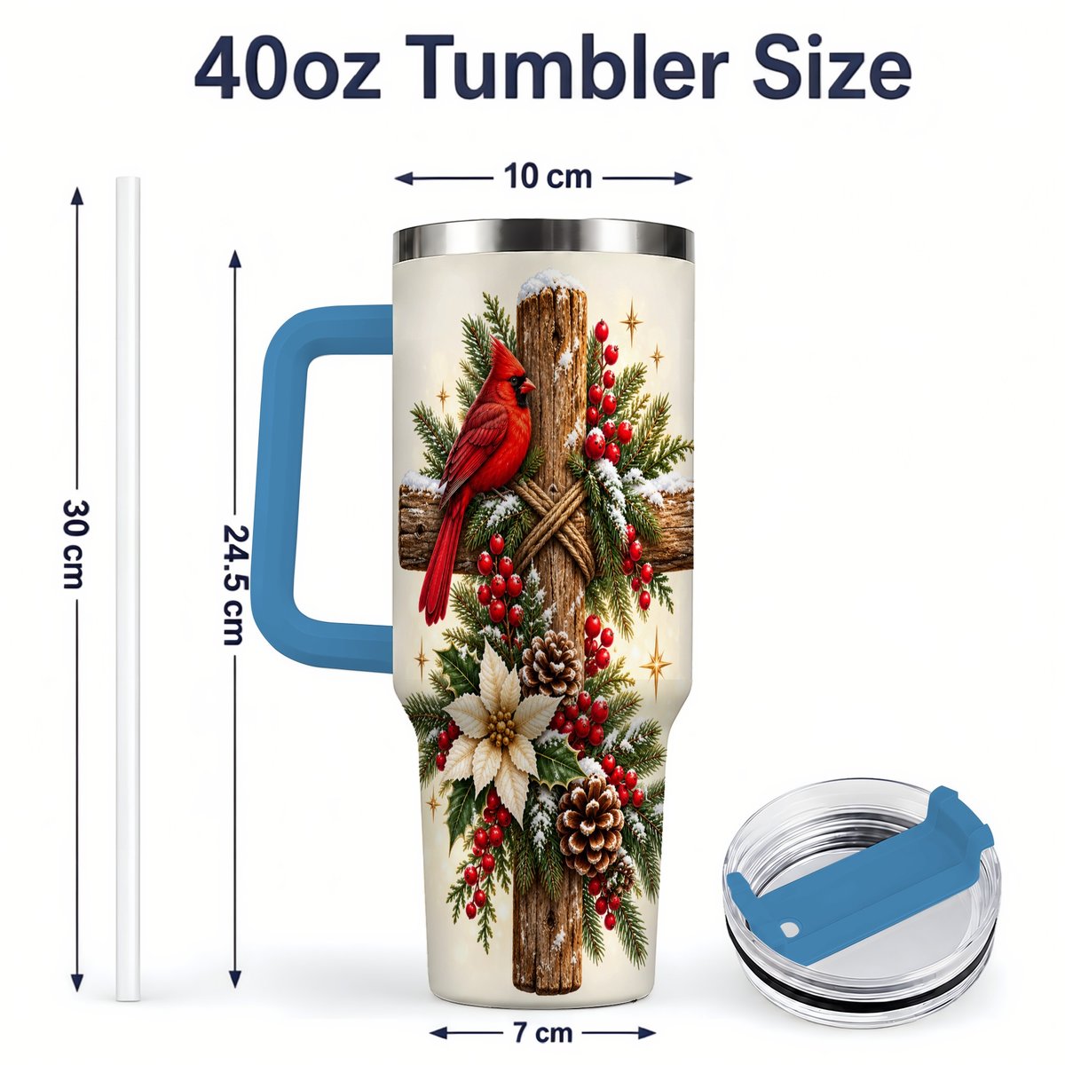 #pl[40oz|Blue] Christmas Cardinal Cross Tumbler 40oz, Rustic Winter Artwork
