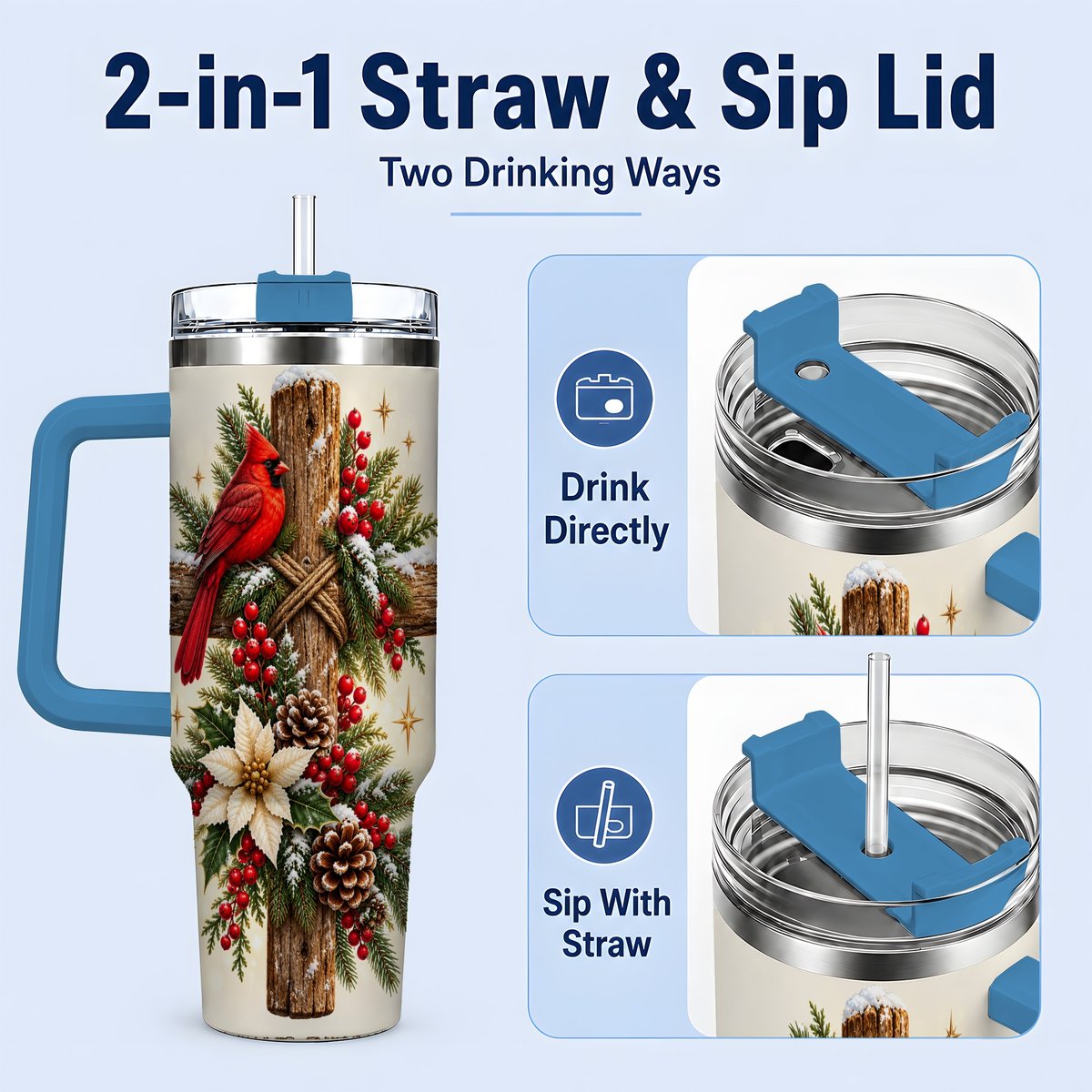 #pl[40oz|Blue] Christmas Cardinal Cross Tumbler 40oz, Rustic Winter Artwork