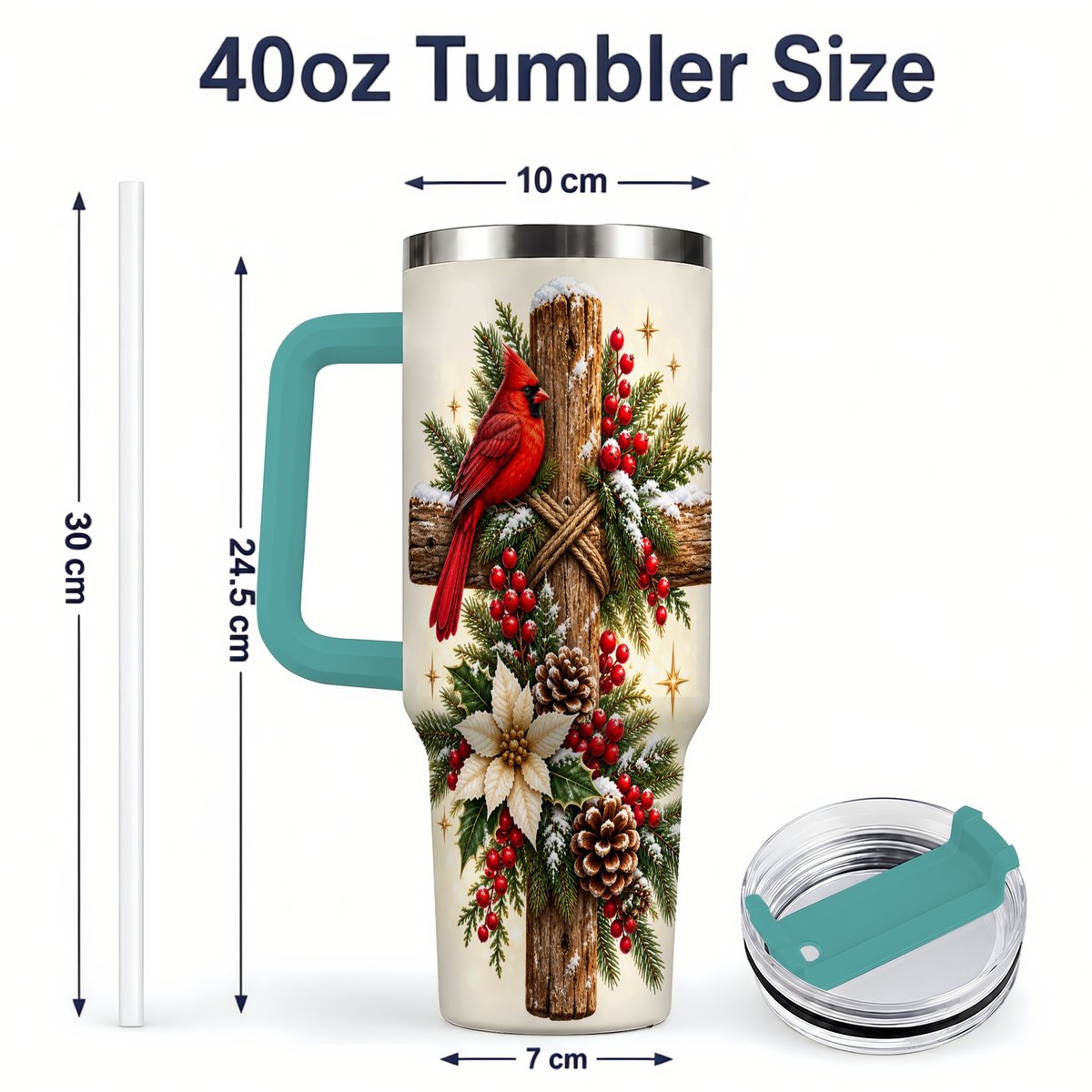 #pl[40oz|Green] Christmas Cardinal Cross Tumbler 40oz, Rustic Winter Artwork