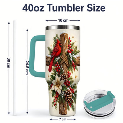 #pl[40oz|Green] Christmas Cardinal Cross Tumbler 40oz, Rustic Winter Artwork
