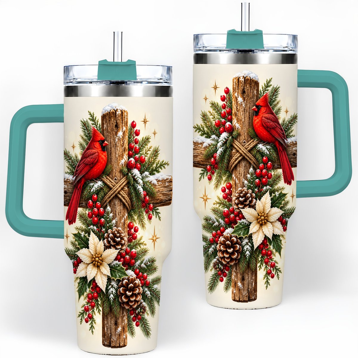 #pl[40oz|Green] Christmas Cardinal Cross Tumbler 40oz, Rustic Winter Artwork
