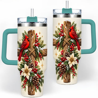 #pl[40oz|Green] Christmas Cardinal Cross Tumbler 40oz, Rustic Winter Artwork