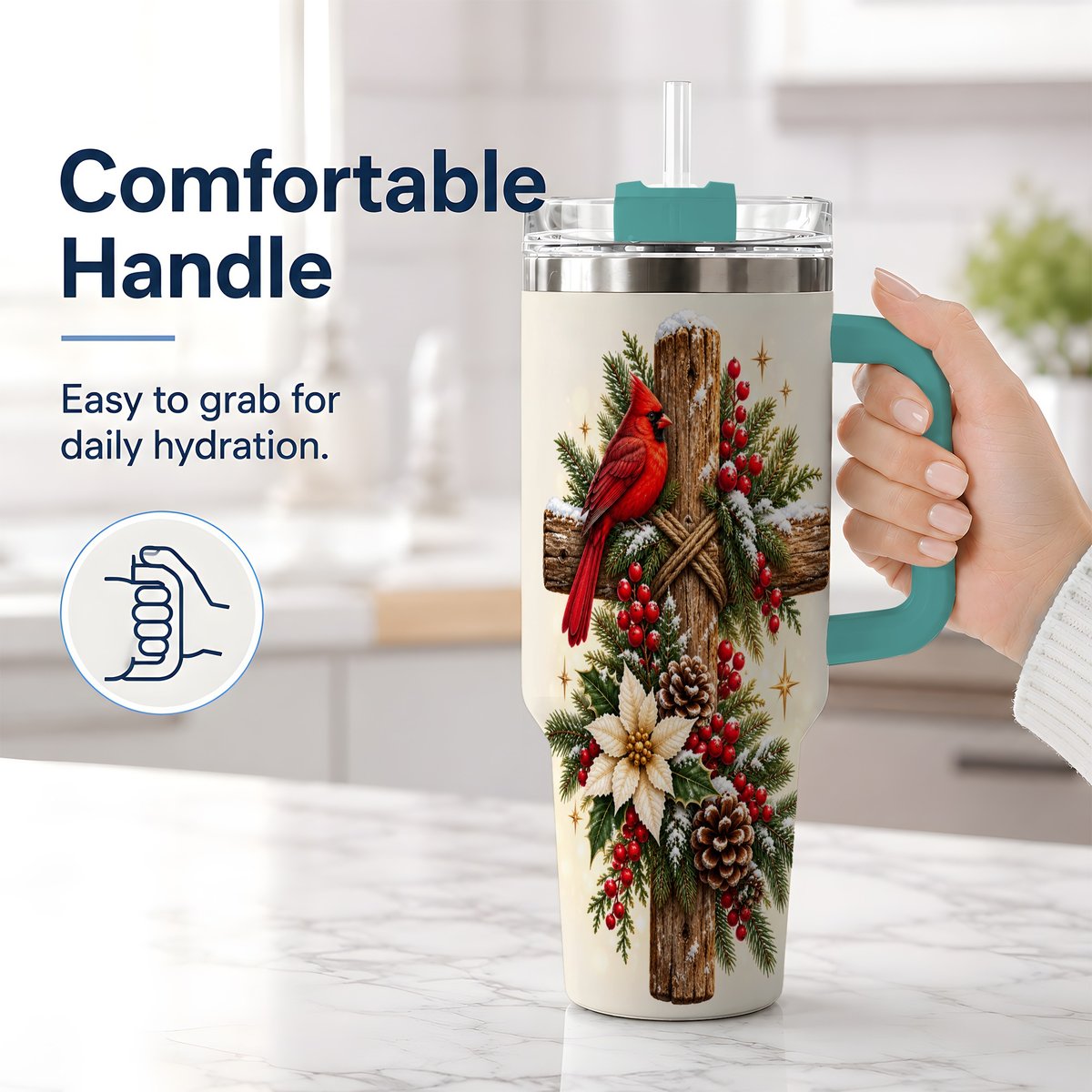 #pl[40oz|Green] Christmas Cardinal Cross Tumbler 40oz, Rustic Winter Artwork