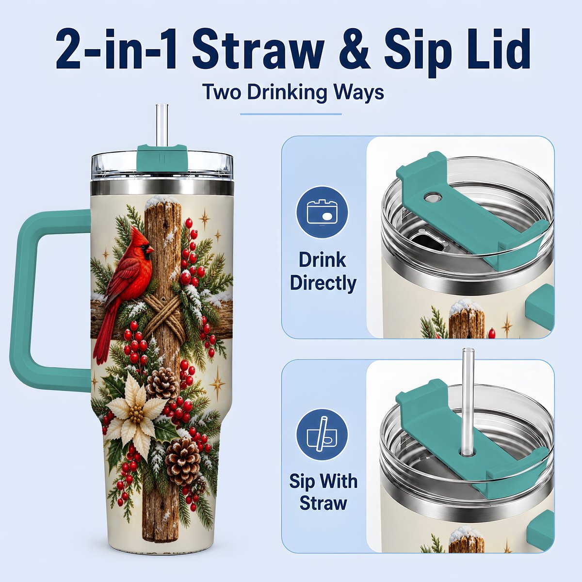 #pl[40oz|Green] Christmas Cardinal Cross Tumbler 40oz, Rustic Winter Artwork