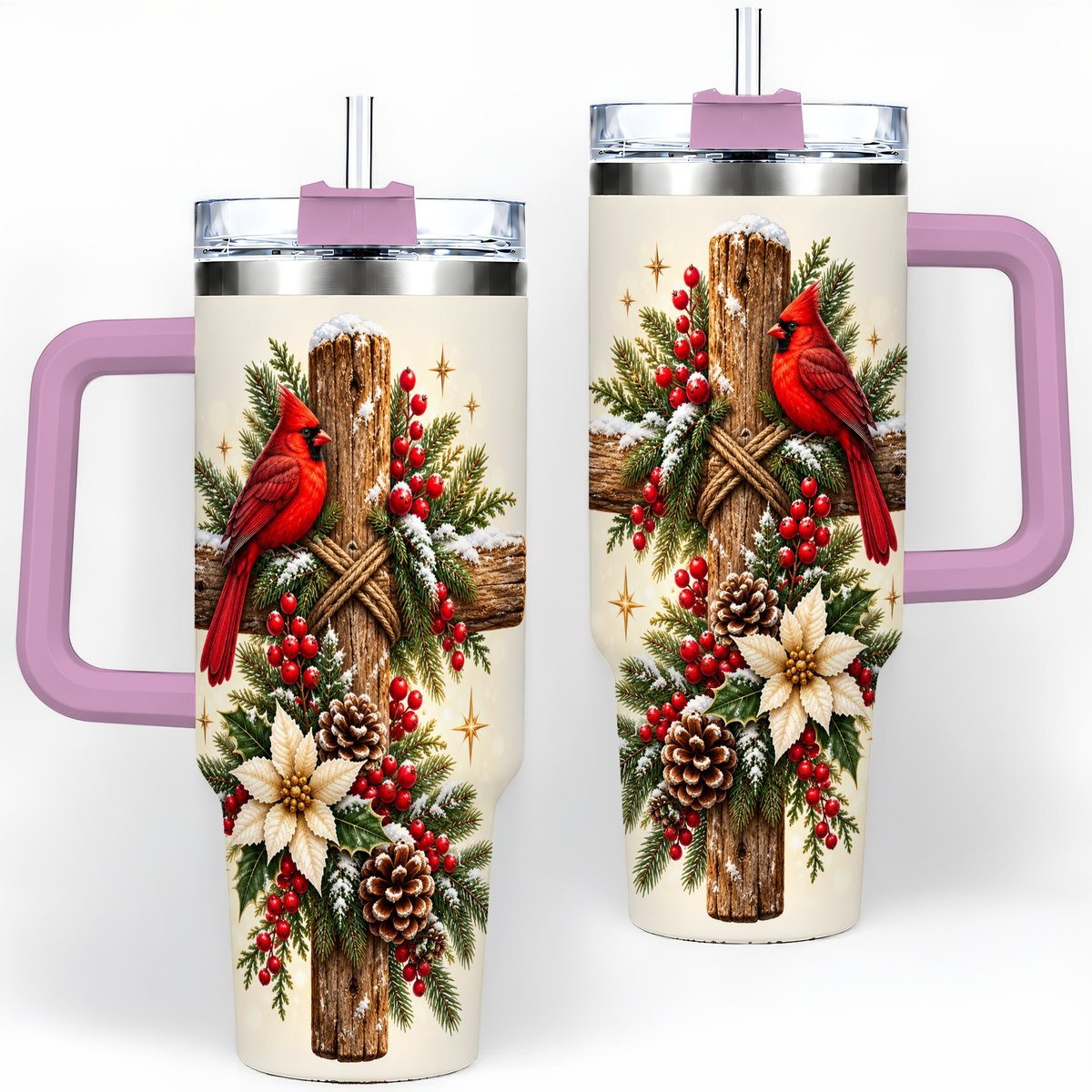 #pl[40oz|Pink] Christmas Cardinal Cross Tumbler 40oz, Rustic Winter Artwork