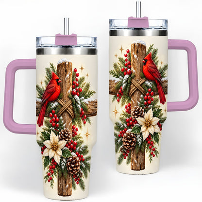 #pl[40oz|Pink] Christmas Cardinal Cross Tumbler 40oz, Rustic Winter Artwork