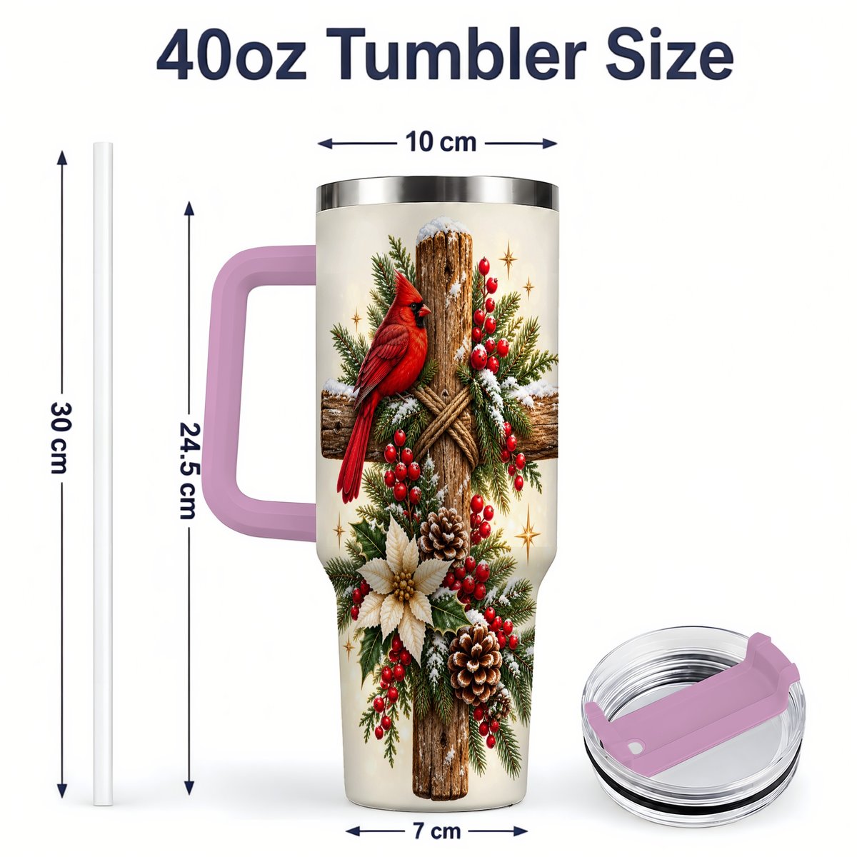 #pl[40oz|Pink] Christmas Cardinal Cross Tumbler 40oz, Rustic Winter Artwork