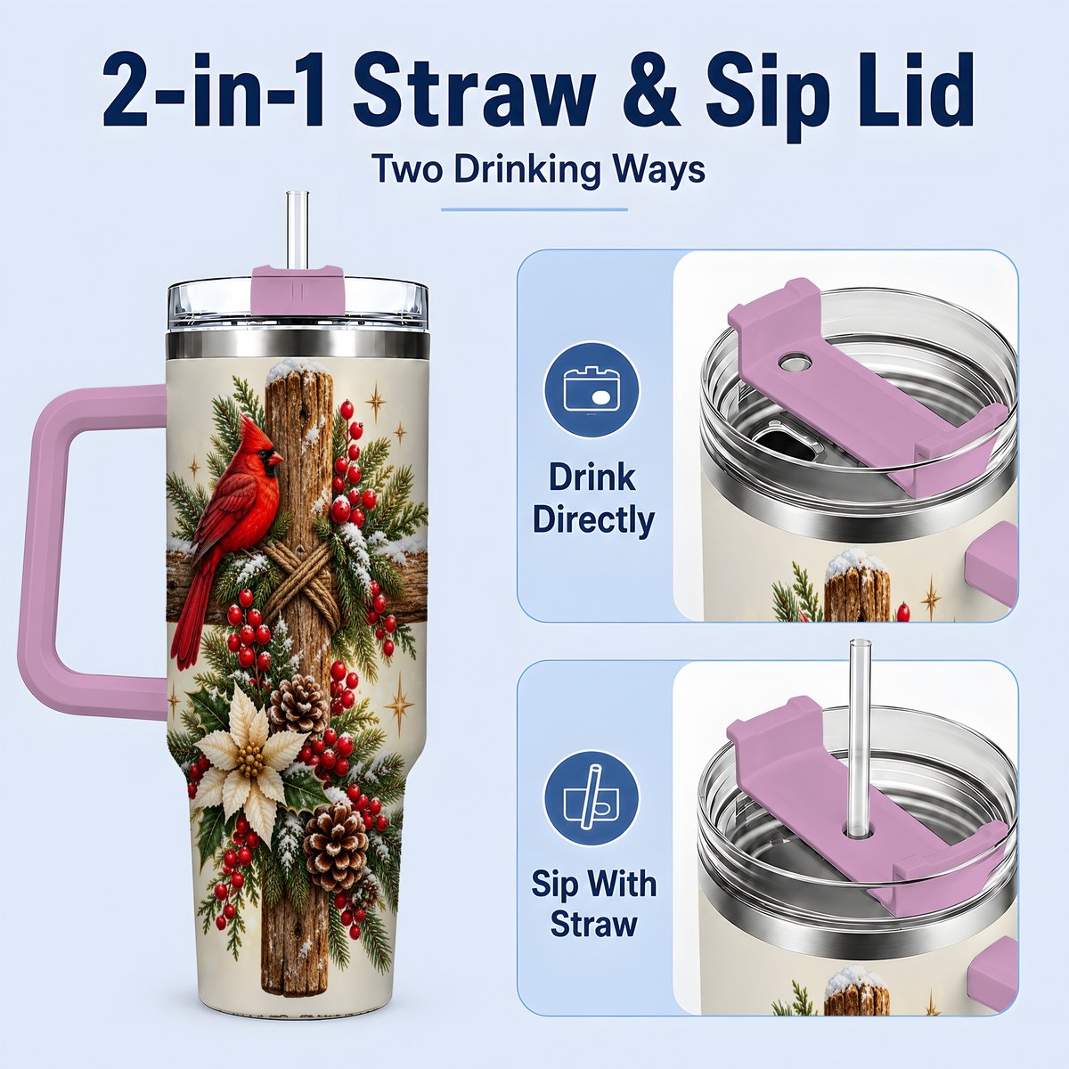 #pl[40oz|Pink] Christmas Cardinal Cross Tumbler 40oz, Rustic Winter Artwork