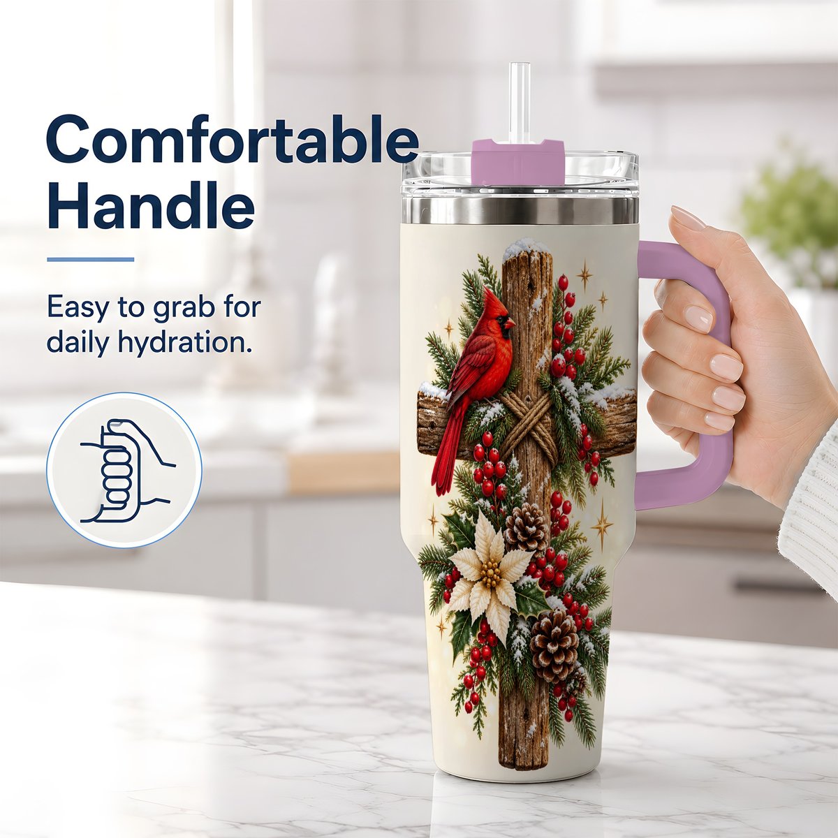 #pl[40oz|Pink] Christmas Cardinal Cross Tumbler 40oz, Rustic Winter Artwork
