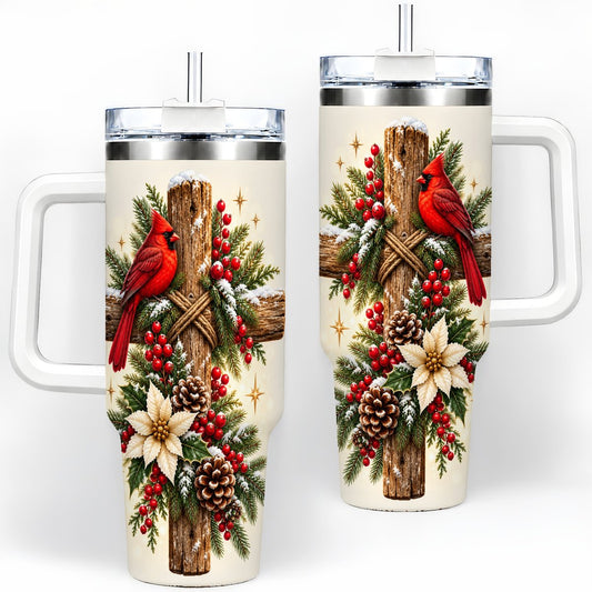 Christmas Cardinal Cross Tumbler 40oz, Rustic Winter Artwork