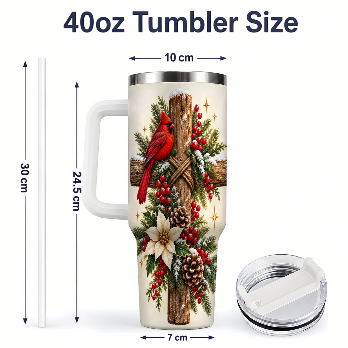 #pl[40oz|White] Christmas Cardinal Cross Tumbler 40oz, Rustic Winter Artwork