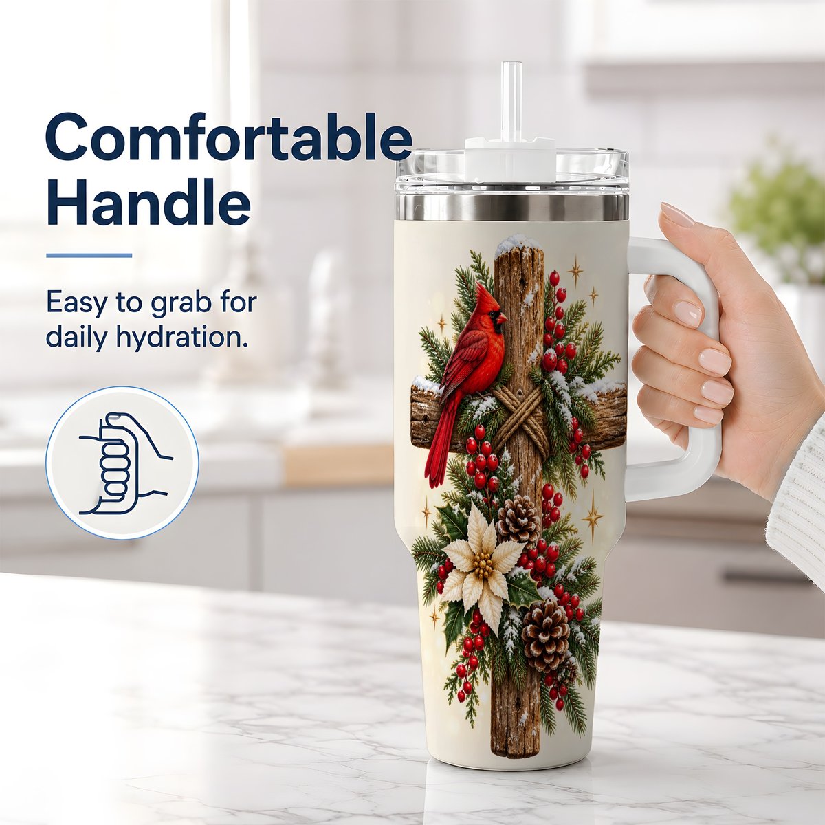 #pl[40oz|White] Christmas Cardinal Cross Tumbler 40oz, Rustic Winter Artwork