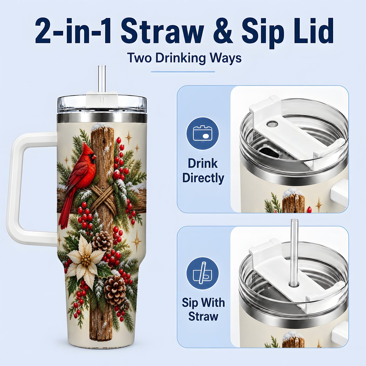 #pl[40oz|White] Christmas Cardinal Cross Tumbler 40oz, Rustic Winter Artwork