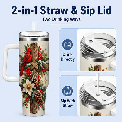 #pl[40oz|White] Christmas Cardinal Cross Tumbler 40oz, Rustic Winter Artwork