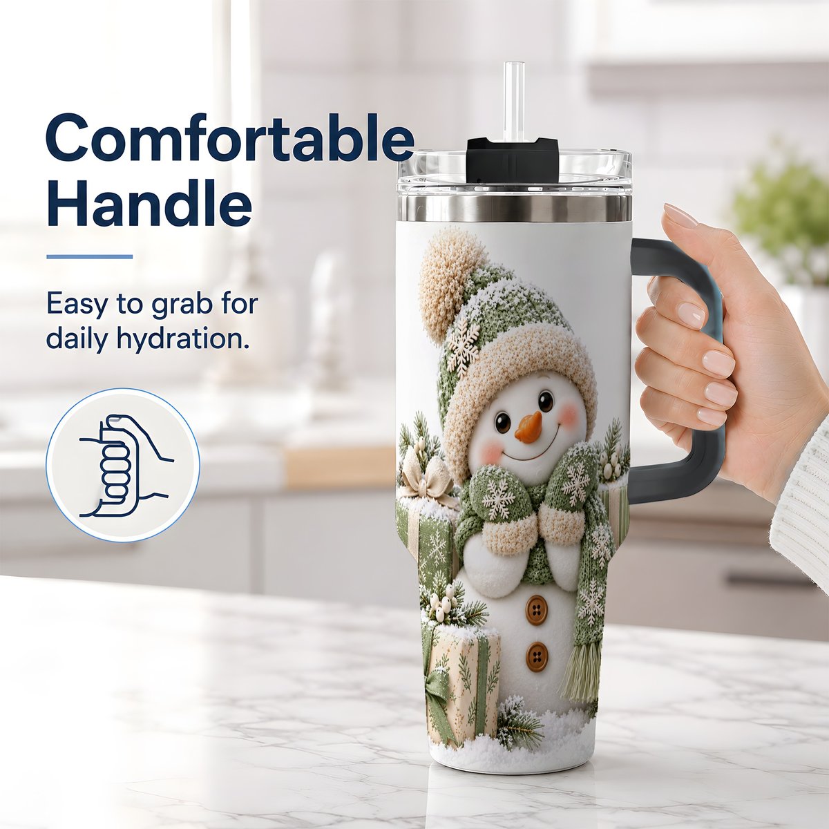 #pl[40oz|Black] Green Christmas Snowman Tumbler 40oz, Knit-Look Art