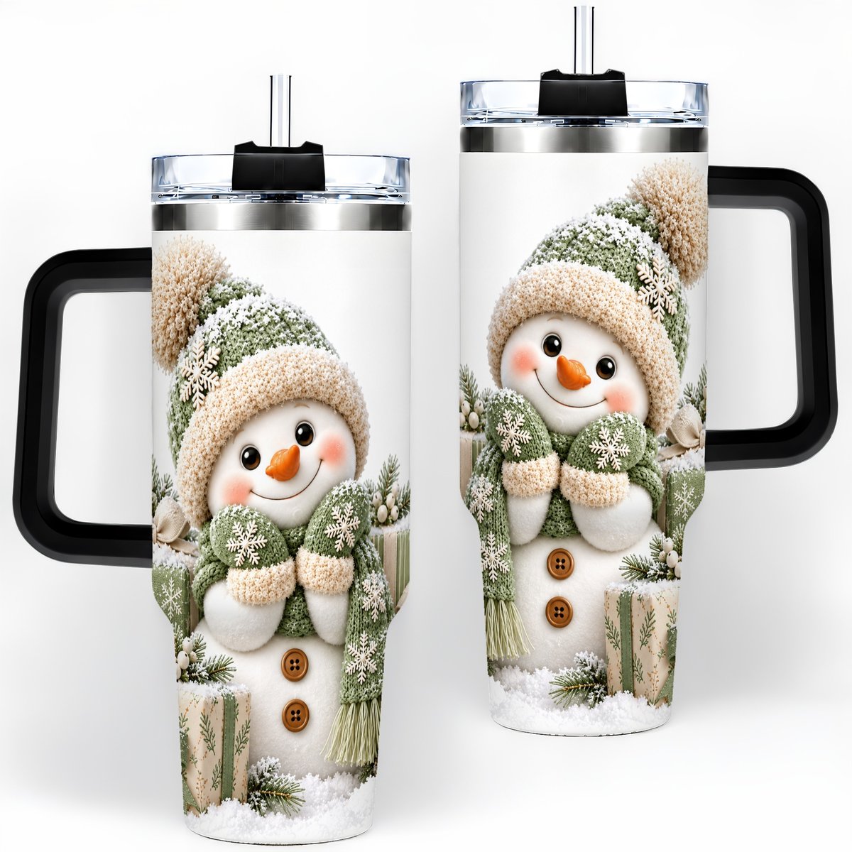 #pl[40oz|Black] Green Christmas Snowman Tumbler 40oz, Knit-Look Art
