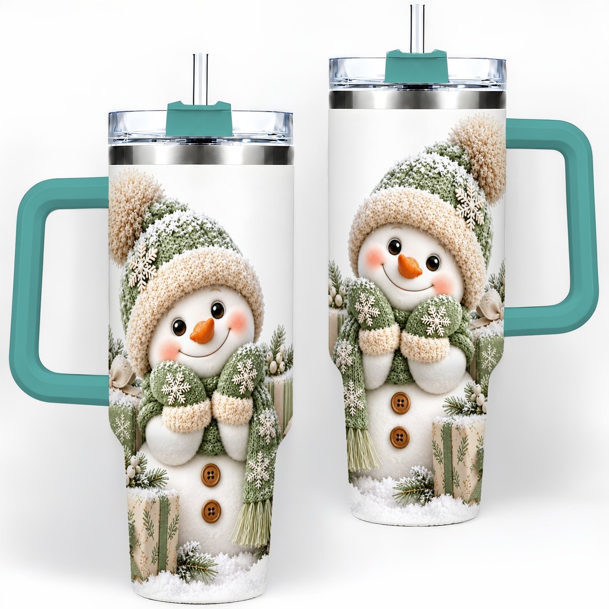 #pl[40oz|Green] Green Christmas Snowman Tumbler 40oz, Knit-Look Art