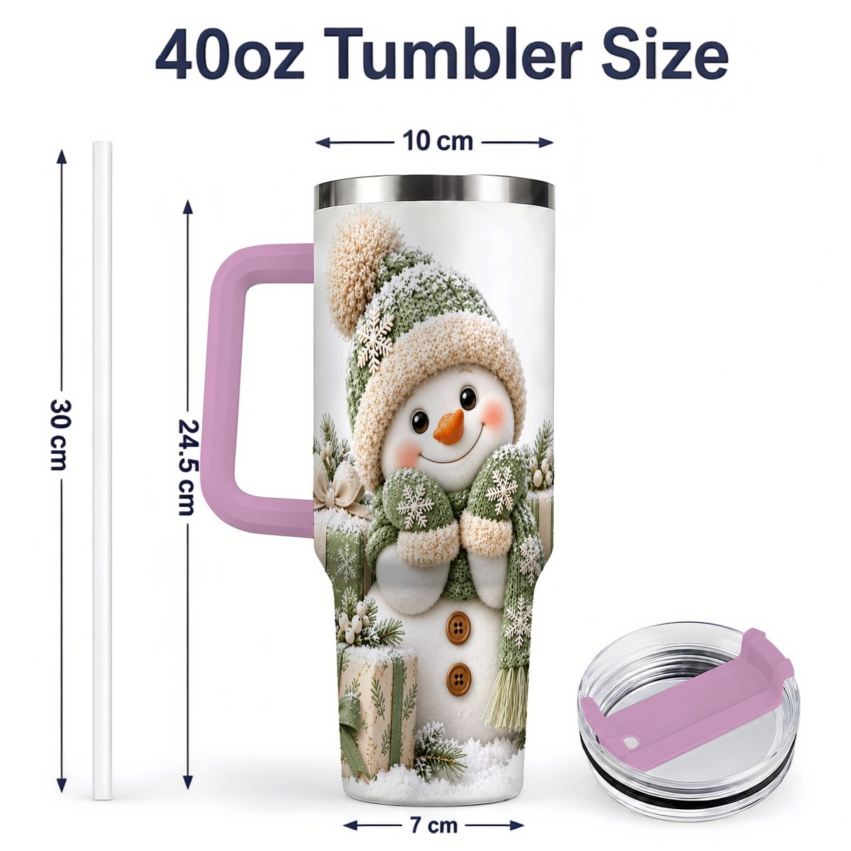 #pl[40oz|Pink] Green Christmas Snowman Tumbler 40oz, Knit-Look Art