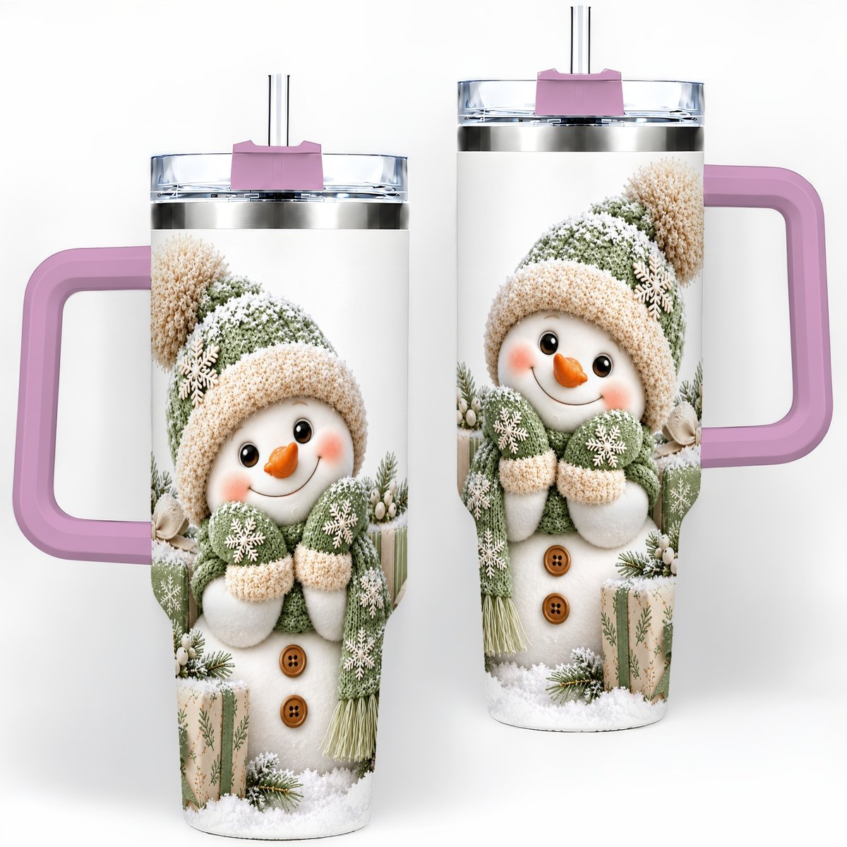 #pl[40oz|Pink] Green Christmas Snowman Tumbler 40oz, Knit-Look Art