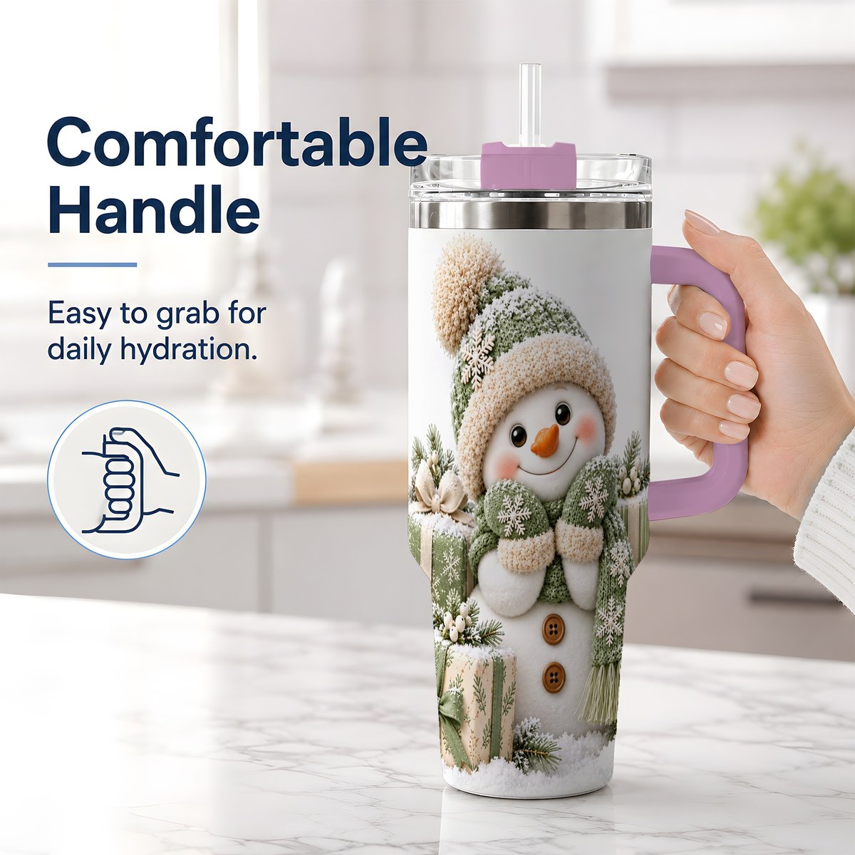#pl[40oz|Pink] Green Christmas Snowman Tumbler 40oz, Knit-Look Art