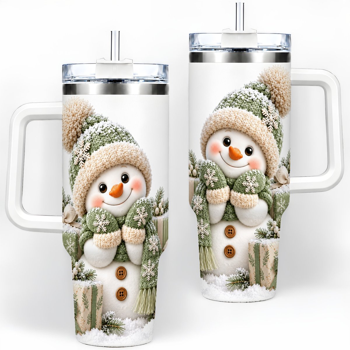 Green Christmas Snowman Tumbler 40oz, Knit-Look Art