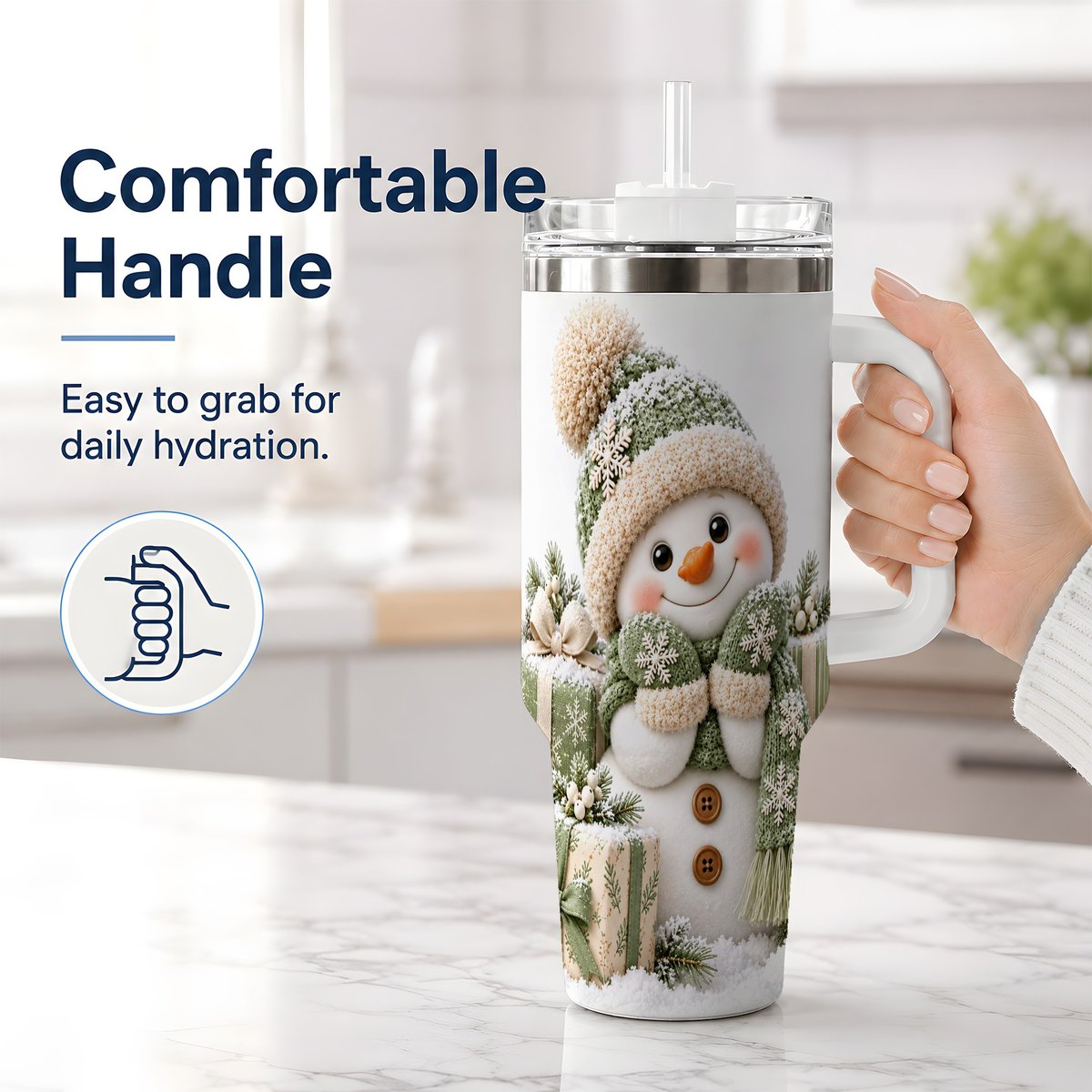 #pl[40oz|White] Green Christmas Snowman Tumbler 40oz, Knit-Look Art