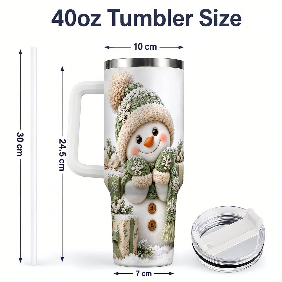 #pl[40oz|White] Green Christmas Snowman Tumbler 40oz, Knit-Look Art