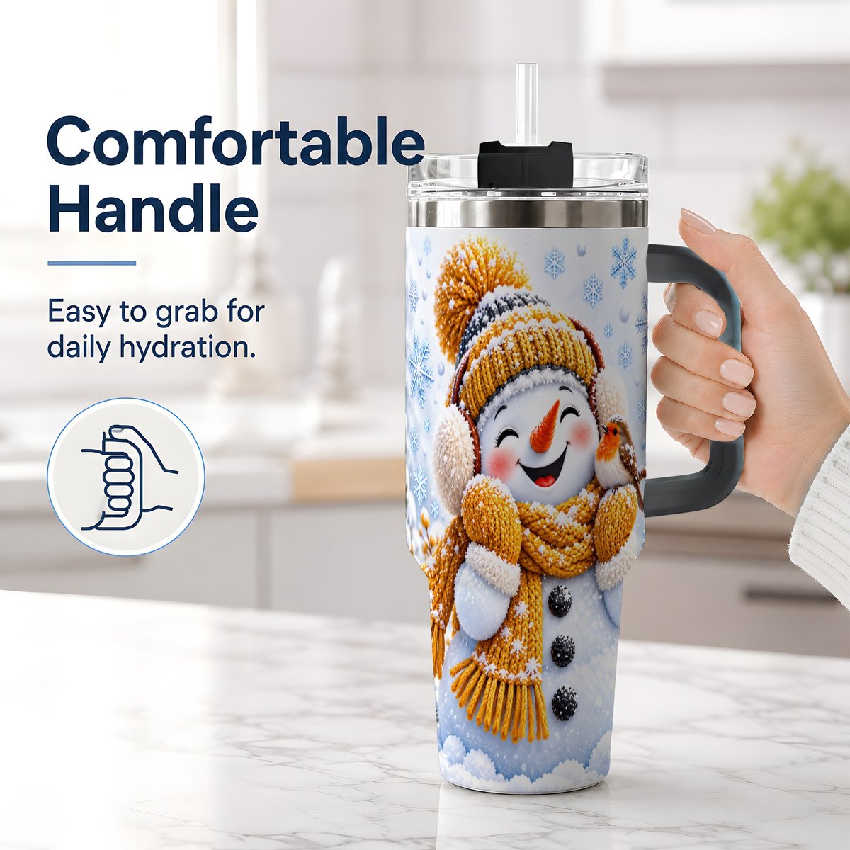 #pl[40oz|Black] Winter Snowman Robin Tumbler 40oz, Snowflake Artwork