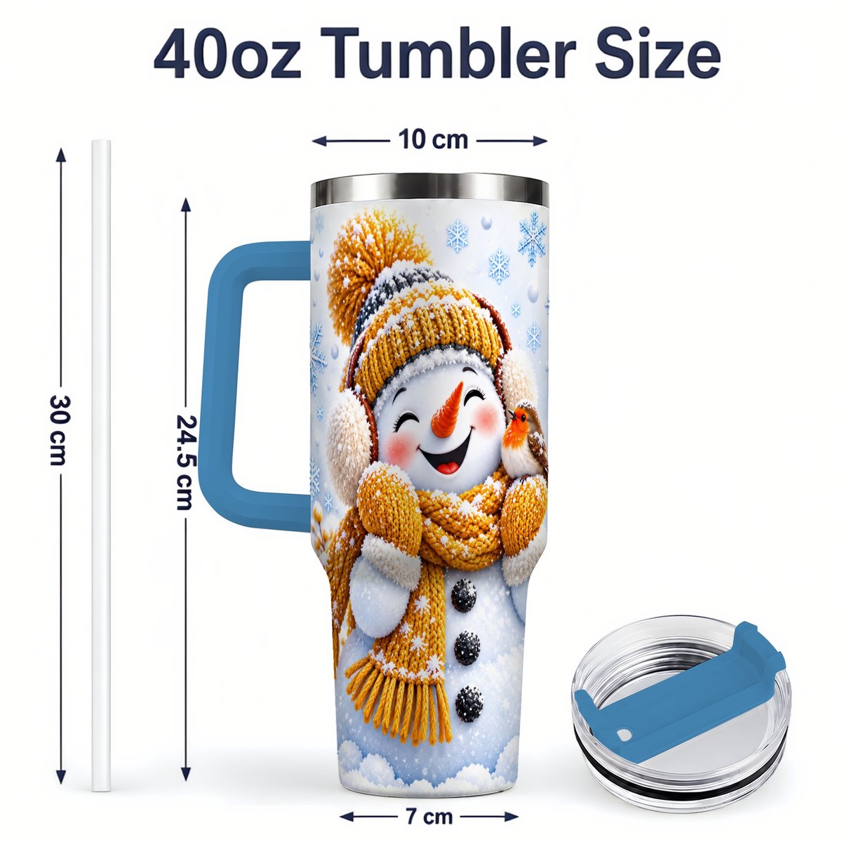 #pl[40oz|Blue] Winter Snowman Robin Tumbler 40oz, Snowflake Artwork