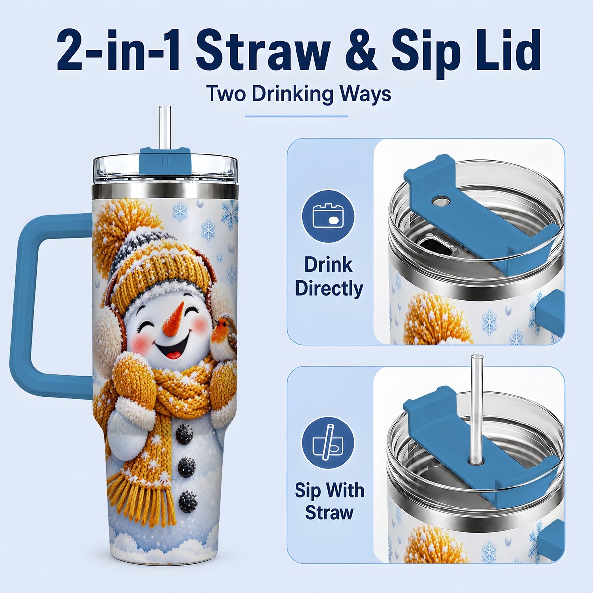 #pl[40oz|Blue] Winter Snowman Robin Tumbler 40oz, Snowflake Artwork