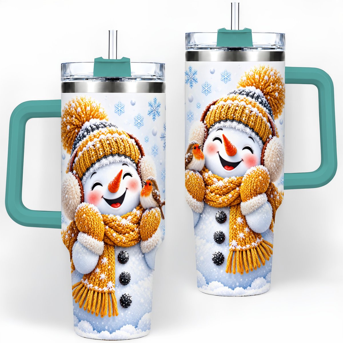 #pl[40oz|Green] Winter Snowman Robin Tumbler 40oz, Snowflake Artwork